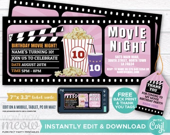 Pink Girls Movie Night Ticket Invitations Film Birthday Party Invites INSTANT DOWNLOAD Film Theatre Personalize Editable Printable WCBK021