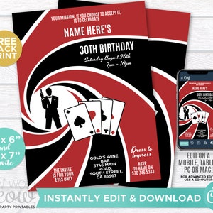 Casino Royale Invitations Spy Black Tie Invites Any Age Birthday  INSTANT DOWNLOAD Night Party Bond Digital Printables Editable WCBA124