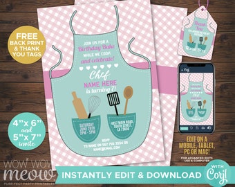 Bakery Birthday Apron Party Cookie Bake Invitation INSTANT DOWNLOAD Pink Cookery Chef Invite GirlMint Pink Cookie Editable Printable WCBK128