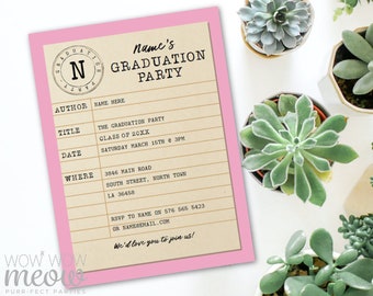 Editable Graduation Party Invitation Library Pink Invite Digital DOWNLOAD Study Books Book University Women's Digital Printable WCGR016