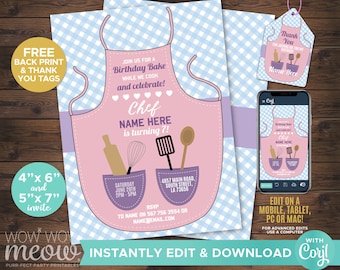 Bakery Birthday Apron Party Cookie Bake Invitation INSTANT DOWNLOAD Pink Cookery Chef Invite Girl Cupcakes Cookie Editable Printable WCBK128