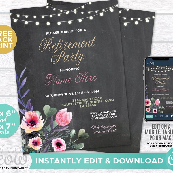 Women's Retirement Invitation Floral Chalk Purple Retired Invite INSTANT DOWNLOAD Ladies Flowers Print Pink Digital Edit Personalize WCRE044