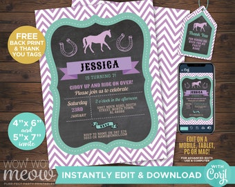 Horses Invitation Purple Birthday Party INSTANT DOWNLOAD Pony Invite Horseback Riding Girls Personalize Customize Editable Printable WCBK077