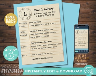 Library Card Blue Baby Shower Invitations It's a Boy Book Invites Librarian INSTANT DOWNLOAD Twins Party Personalize Edit Printable WCBS025