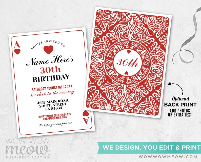 Playing Cards Birthday Invitation Any Age INSTANT DOWNLOAD Casino Heart Vegas Party Personalize Valentines Edit Printable Digital WCBA002 image 4