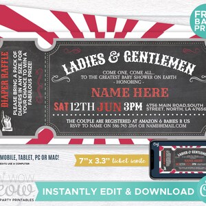 Circus Baby Shower Invite Carnival Ticket Invitations INSTANT DOWNLOAD It's a Girl Boy Red Fair Admit One Couples Editable Printable WCBS062