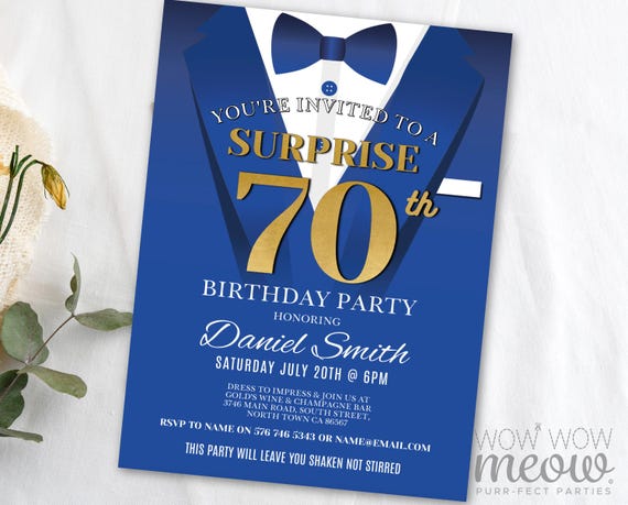 70th Surprise Birthday Blue Gold Invite Secret Agent Party Invitation  DOWNLOAD Navy Editable Bond Tuxedo Black Tie Suit Personalize WCBA034 - Etsy