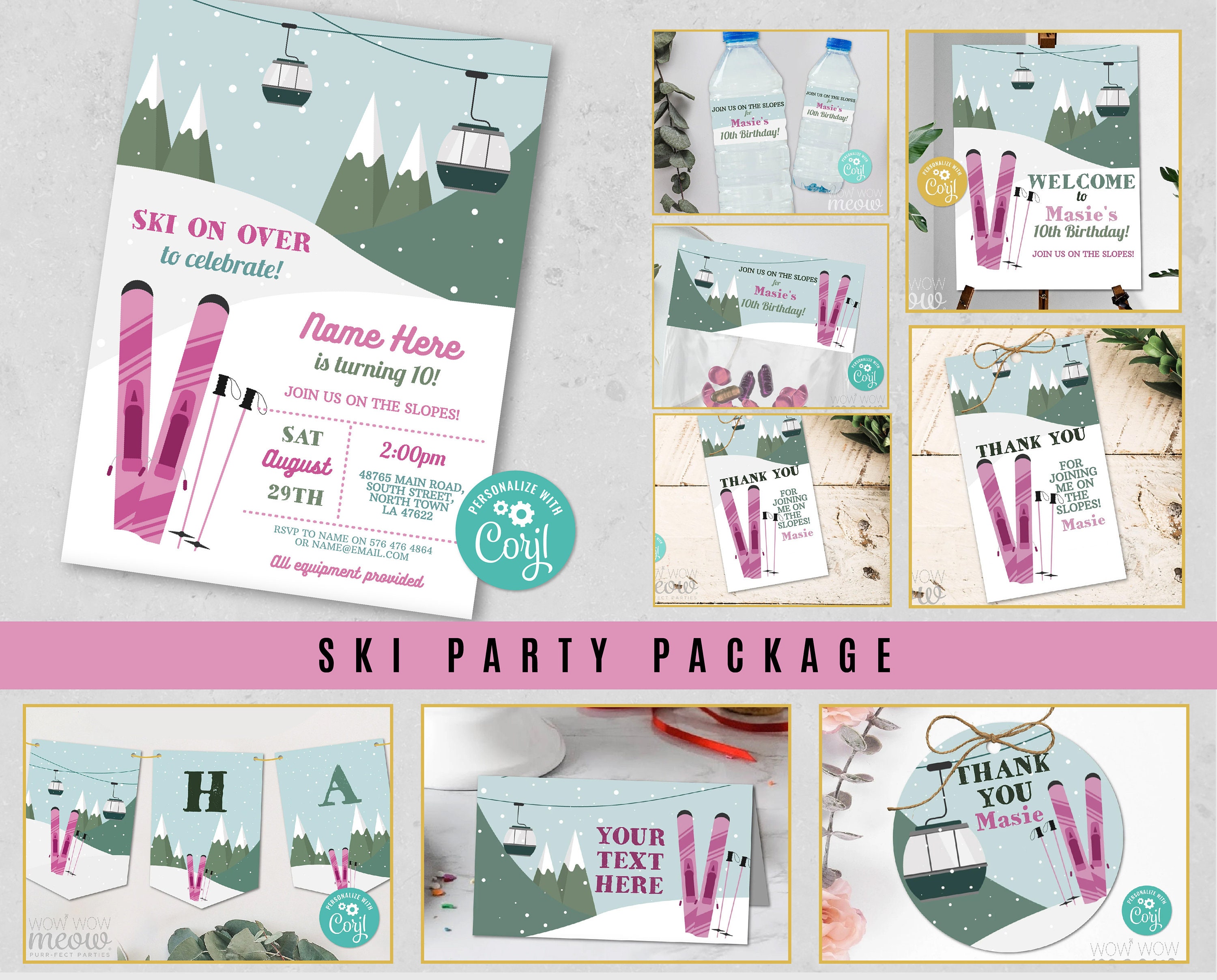 Ski Party Birthday Bundle Pink EDITABLE Invitations Skiing Snow Apres Winter Girls Included Activity Package Download Kid's Party WCBK100