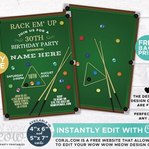 Snooker Invitations Pool Birthday Invites Billiards INSTANT DOWNLOAD ...
