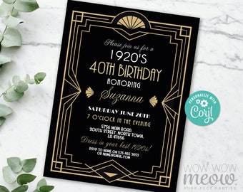 1920 Birthday Invite Art Deco Roaring 20s Invitation Party INSTANT DOWNLOAD Gatsby Gold Black Elegant Personalize Editable Printable WCBA276