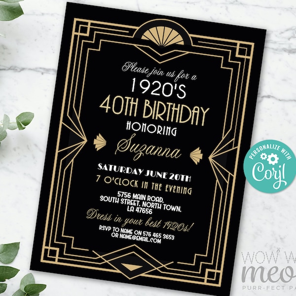 Invitación de cumpleaños de 1920 Art Deco Roaring 20s Invitación Fiesta DESCARGA INSTANTE Gatsby Oro Negro Elegante Personalizar Editable Imprimible WCBA276