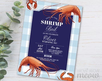 Shrimp Boil Birthday Invitations Party Invite Seafood Couple's Shower INSTANT DOWNLOAD Gingham Red Blue Lobster Printable WCBA321