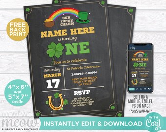 May include: A green, white and gold printable invitation for a first birthday party. The invitation features a shamrock, a rainbow, a pot of gold and a leprechaun hat. The text on the invitation reads "Our Lucky Charm Name Here is turning One. Join us to celebrate St. Patricks Celebration Saturday March 17 3:00PM - 6:00PM 4857 Main Road, South Street, LA 75635 RSVP to Name on 576 465 7363 or Name@email.com by March 7th".