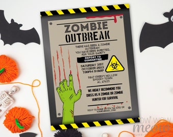Halloween Zombie Invitations Infected Party Printable Digital DOWNLOAD Invite Costume Horror Zombies Outbreak Personalized Editable WCHA036