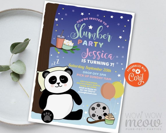Slumber Party Panda Girls Movie Night Invitation Sleepover.