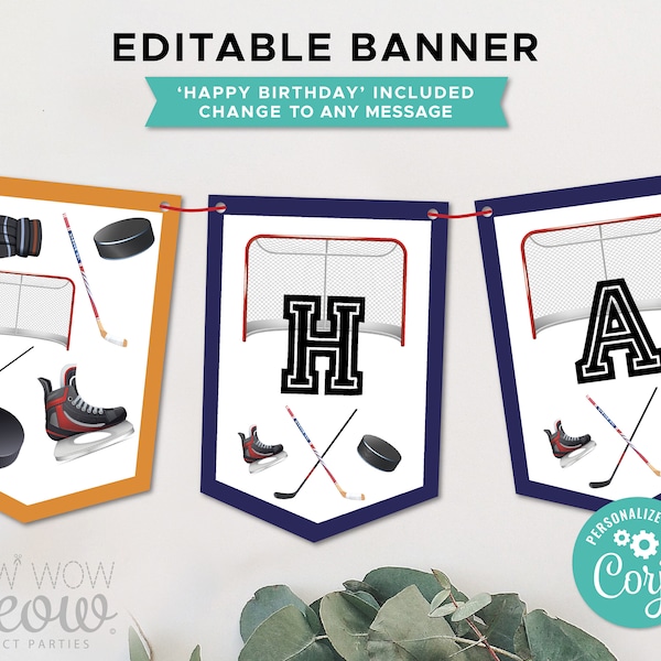 Ice Hockey Birthday Banner Party Editable Instant Download Sports Rink Bunting Flags Birthday Decoration Printable WCBK480