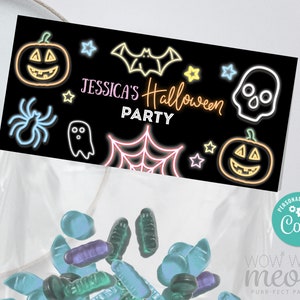 May include: A clear cellophane bag filled with blue and purple candies, topped with a black card. The card features neon-style Halloween graphics, including pumpkins, a bat, spider, skull, and the text "Jessica's Halloween Party."