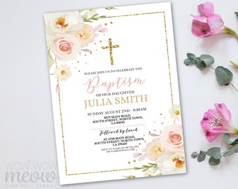 Baptism Invitation Floral Baby Girl Invites Editable Vintage Christening Template Printable Digital DOWNLOAD Cross Pink Personalize WCHC010
