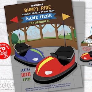 Bumper Cars Birthday Invitations Fair Amusement Park Party Invites Kids Any Age Fairgrounds DOWNLOAD Rides Funfair Editable Print WCBK300