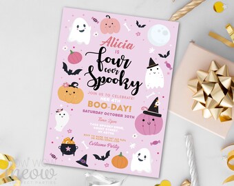 MODIFIABLE Quatre invitations d’anniversaire d’Halloween effrayantes 4ème costume mignon fête d’enfants inviter une citrouille rose personnalisée WCHA118