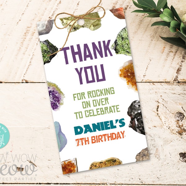 Geology Party Thank You Tags Birthday - Party Gift Tags - Rocks Crystals Gemstones Favour Label Instant Download Editable Printable WCBK110