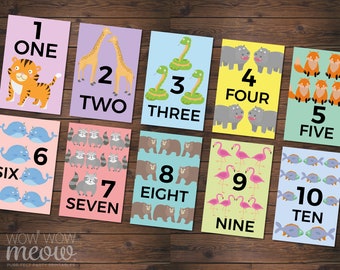 Number Animal Flash Cards Kids Counting Printable Educational Learning 1 2 3 INSTANT DOWNLOAD Count One to Ten 4 x 6 inches Home WCAC013