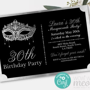 Masquerade Birthday Invitation Party - Mask Masked Ball - Any Age Invite Black Silver Download Editable & Printable Edit Masks WCBA041