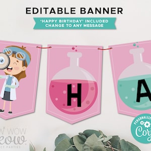 Science Party Banner Birthday Bunting Flags Pink Girls Chemist Experiment Editable Instant Download Birthday Decoration Printable WCBK461