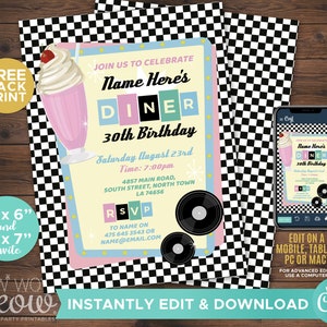 May include: A 30th birthday party invitation with a retro diner theme. The invitation features a pink milkshake with a cherry on top, a black and white checkered background, and a record player. The text on the invitation reads "Join us to celebrate Name Here's Diner 30th Birthday".
