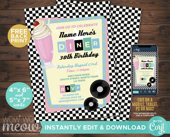 Fifties Invitations Milkshake Diner 50s Rock N Roll Birthday Invites INSTANT DOWNLOAD Pink Retro 1950's Pink Blue Editable Printable WCBA096