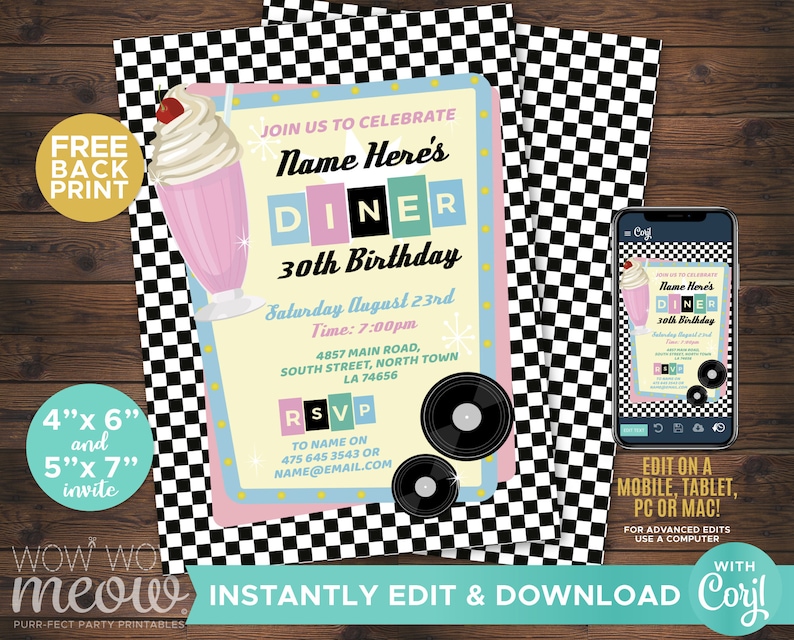 May include: A 30th birthday party invitation with a retro diner theme. The invitation features a pink milkshake with a cherry on top, a black and white checkered background, and a record player. The text on the invitation reads "Join us to celebrate Name Here's Diner 30th Birthday".