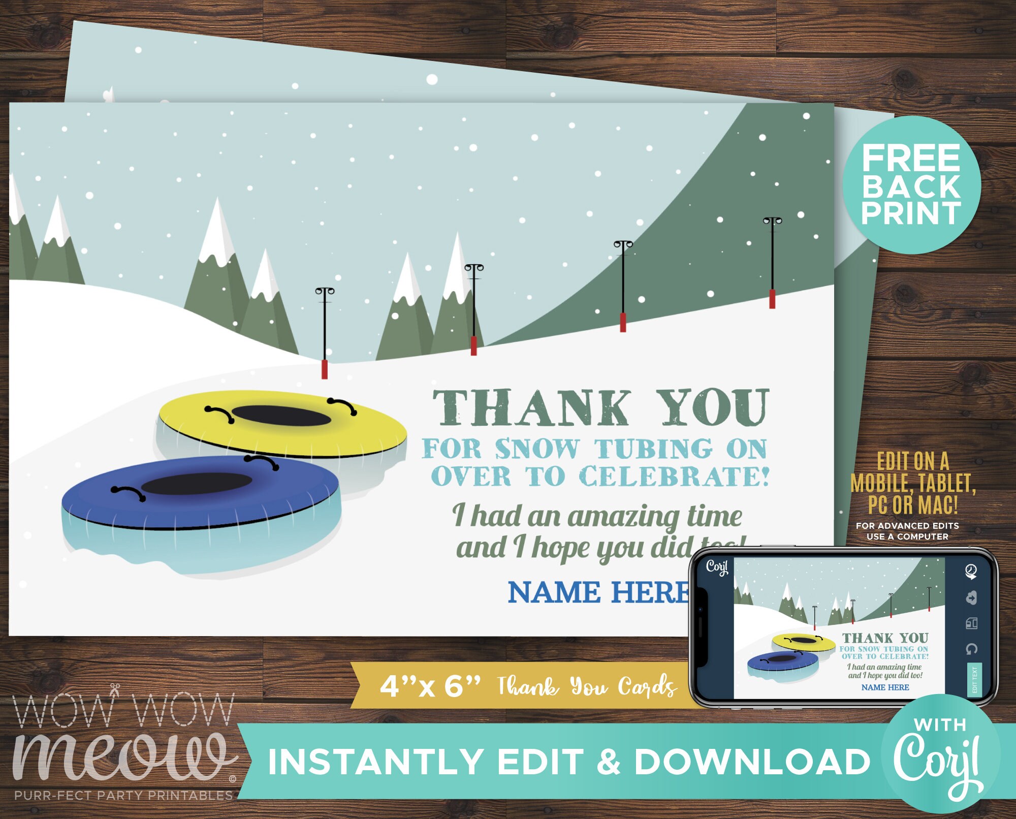 Thank You Snow Tubing Party Cards Birthday INSTANT DOWNLOAD Etsy