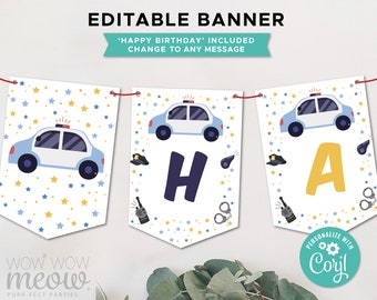Editable Police Car Party Birthday Cops Banner Birthday Vehicle Download Boys Girls Bunting Flags Birthday Decoration Printable WCBK507