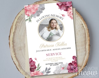 May include: A floral memorial card with a photo of a woman. The card reads "In Loving Memory Patricia Keller July 20th 19XX - August, 14th 20XX Service St Mary's Church, New Road, South Street, LA 74656 October, 2nd 20XX at 3:00PM"