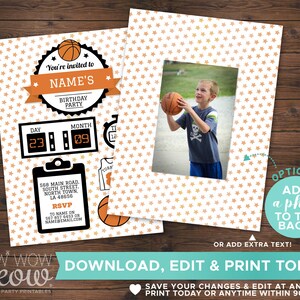 May include: Basketball birthday party invitation with an orange and white star design. Features a photo, invitation details, and the text "You're invited to NAME'S BIRTHDAY PARTY." The invitation also has the text "DOWNLOAD, EDIT & PRINT TODAY."