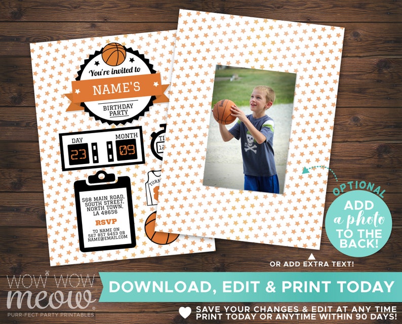 May include: Basketball birthday party invitation with an orange and white star design. Features a photo, invitation details, and the text "You're invited to NAME'S BIRTHDAY PARTY." The invitation also has the text "DOWNLOAD, EDIT & PRINT TODAY."