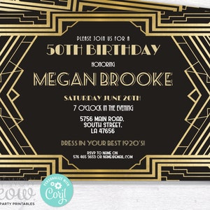 Art Deco Birthday Roaring 20s Invitation Invite 1920s Party INSTANT DOWNLOAD Womens Gatsby Gold Black Personalize Editable Printable WCBA091