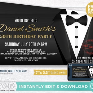 Secret Agent Invitations Tickets Spy Bond Invites INSTANT DOWNLOAD 007 Gold Party Printable Editable Elegant Birthday Personalize WCBA122