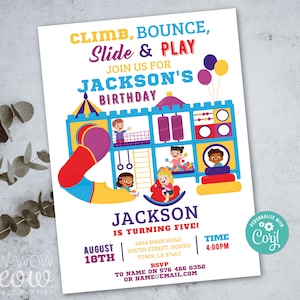 以下が含まれることがあります： 5歳になる子供のためのカラフルな誕生日招待状。招待状には、遊んでいる子供たちの漫画のイラストが描かれた遊園地のイラストが描かれています。招待状のテキストは次のとおりです。「Climb, Bounce, Slide & Play Join Us For Jackson's Birthday Jackson Is Turning Five! August 18th Time 4:00PM 4864 Main Road South Street, North Town, LA 87462 RSVP To Name On 576 466 6352 Or Name@Email.com Personalize With Corjl」