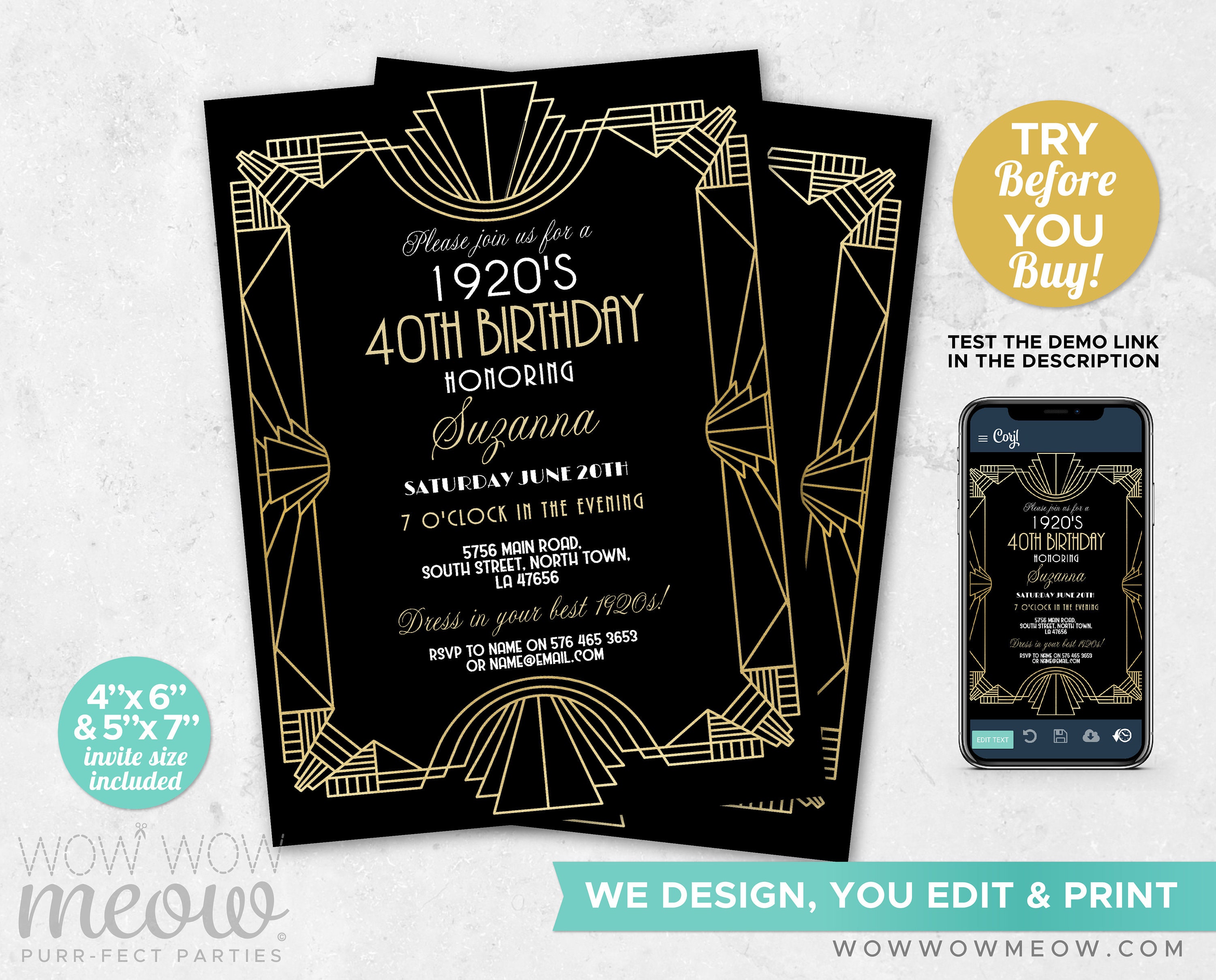 1920 Birthday Invite Art Deco Roaring 20s Invitation Party INSTANT ...