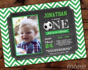 First Birthday Photo Invitations Boy's Soccer Green Sports Invite INSTANT DOWNLOAD Ball Personalize 1 One Party Football Editable Printable