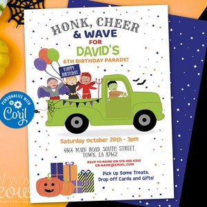 Halloween Birthday Invitations Kid&#39;s Blue Drive By Parade Boy&#39;s Costume Honk Wave Truck Party Invite Printable DOWNLOAD Personalized WCHA106