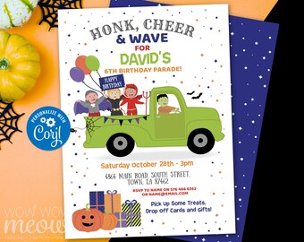 May include: A Halloween-themed birthday party invitation with a green truck carrying children in costumes. The invitation includes the text "Honk, Cheer & Wave for David's 6th Birthday Parade!" and event details.