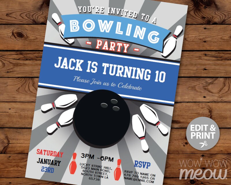 Bowling Birthday Party Invitation INSTANT DOWNLOAD Tenpin Etsy