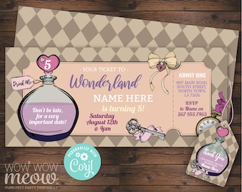 Wonderland Ticket Invite Birthday Party Invitation INSTANT DOWNLOAD Any Age Bottle Watch Alice Bow Personalize Editable Printable WCBK166