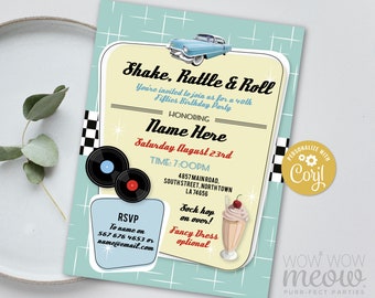 Shake Rattle & Roll 1950's Invitations Diner Rock N Birthday Invites INSTANT DOWNLOAD 30th 40th 50th Retro 1950's Fifties Edit Print WCBA176