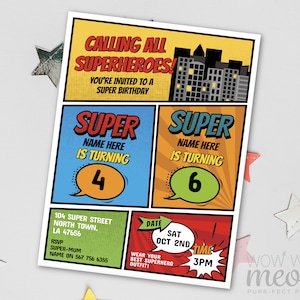 May include: A superhero-themed birthday party invitation with a comic book design. The invitation features a red, yellow, and blue color scheme with the text "Calling All Superheroes!" and "You're invited to a Super Birthday". The invitation also includes a date, time, and location for the party.