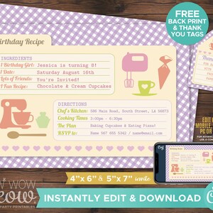 Recipe Card Birthday Party Cookie Bake Invitation INSTANT DOWNLOAD Bakery Pink Cookery Invite Girls Customize Editable Printable WCBK069