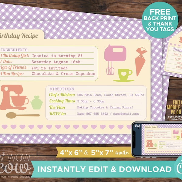 May include: A printable birthday party invitation with a pink and yellow colour scheme. The invitation is designed to look like a recipe card with the text "Birthday Recipe" at the top. The invitation includes the text "Jessica is turning 8!" and "Saturday August 16th". The invitation also includes a graphic of a kitchen mixer and a cupcake.