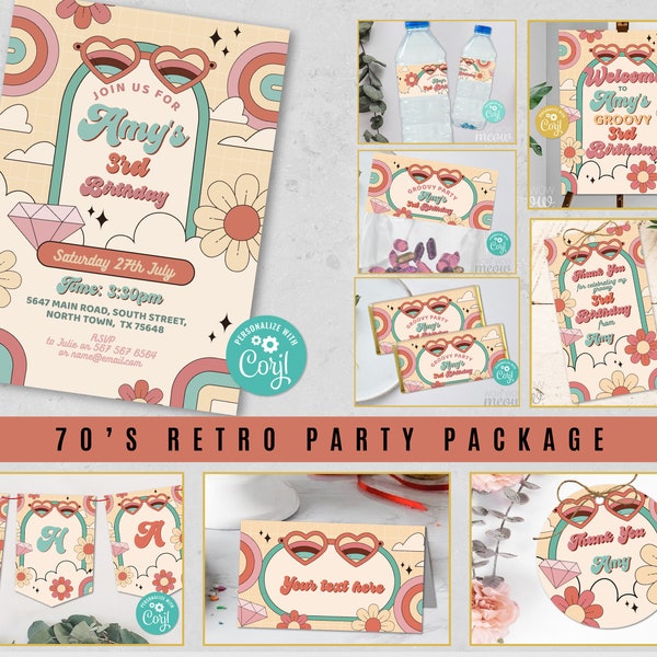 70s Party Vintage Birthday Bundle Retro EDITABLE Invitations Rainbows Seventies 60s Package Download Children's Party WCBK543
